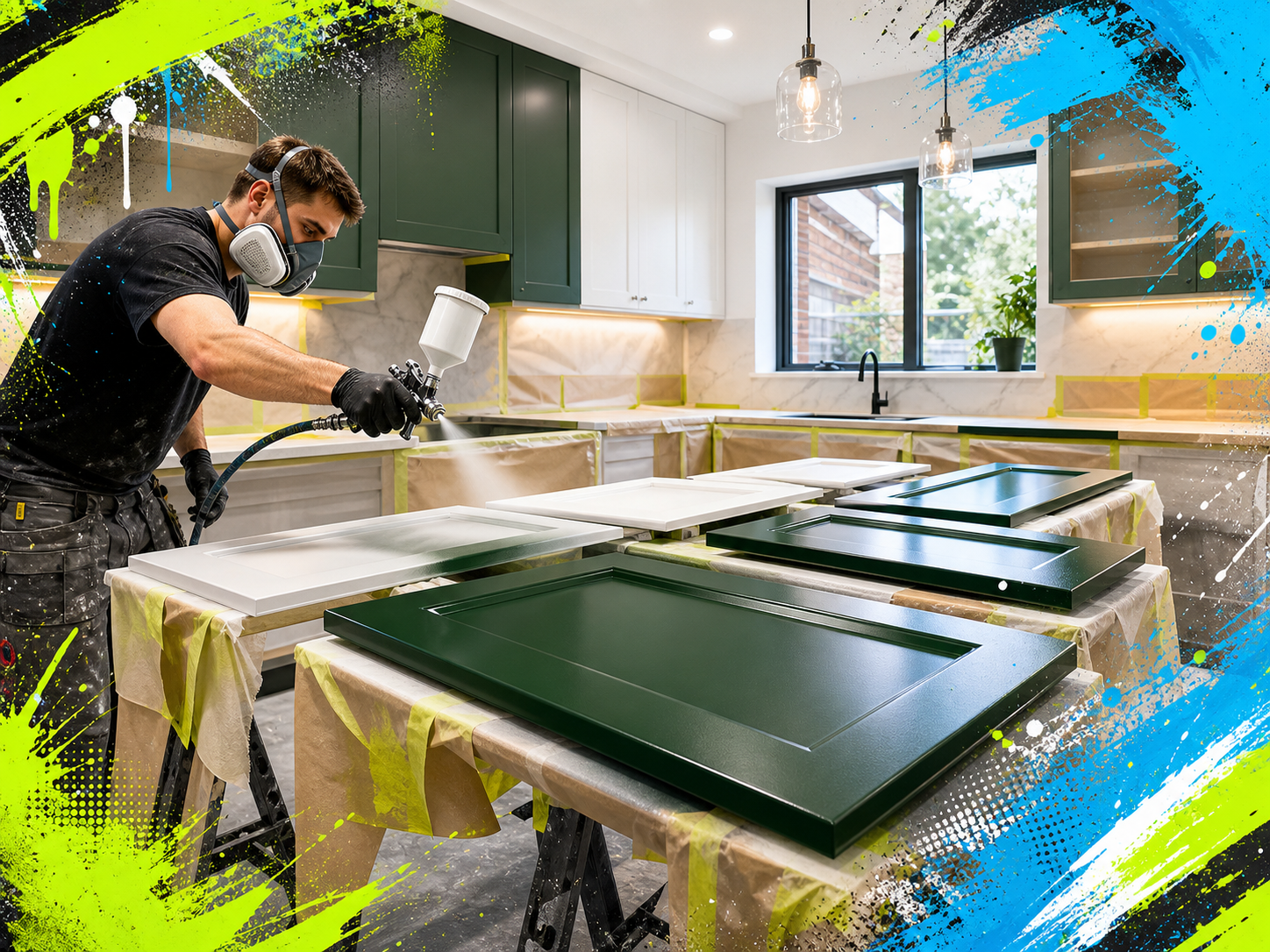 Professional kitchen cabinet spraying with bright graffiti accents